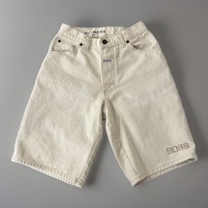 Vintage Boss Mens Beige Denim Jean Shorts Embroidered Logo Size 30